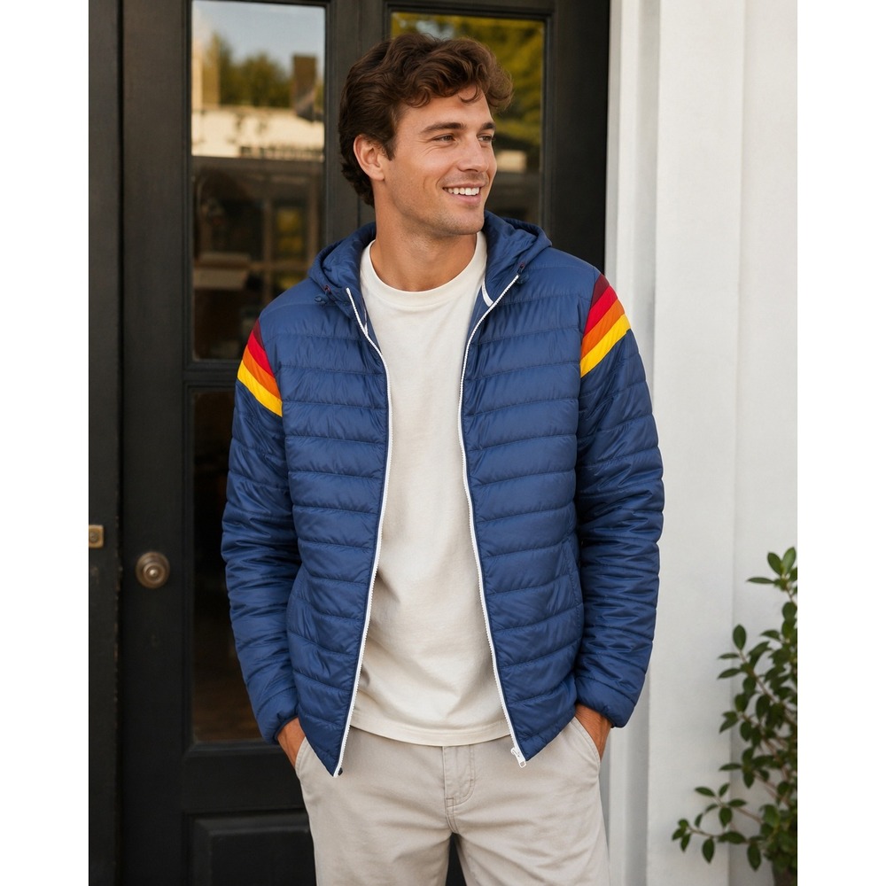 Marine Layer Lost + Found Banks Bering Sea Puffer Men's Size Medium Rainbow Hood